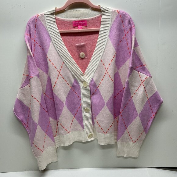 Isaac Mizrahi Sweaters - 1X ARGYLE CARDIGAN Isaac Argyle Jacquard Cardigan PURPLE ICE